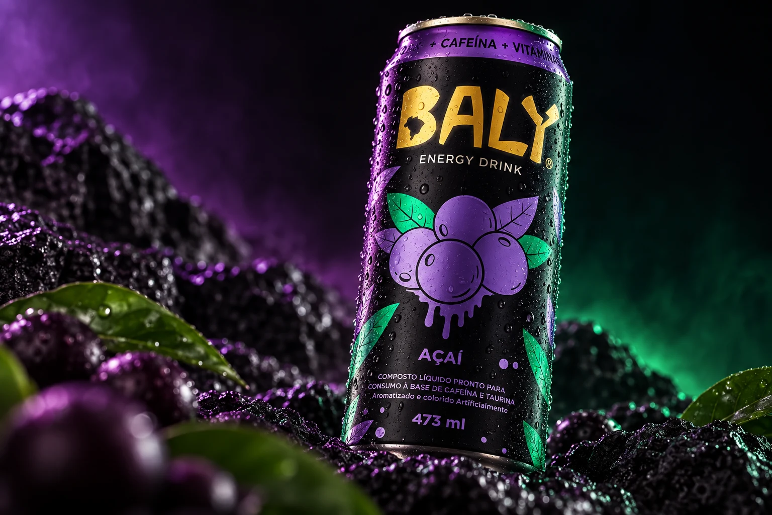 Baly Açaí can in a purple and green studio scene
