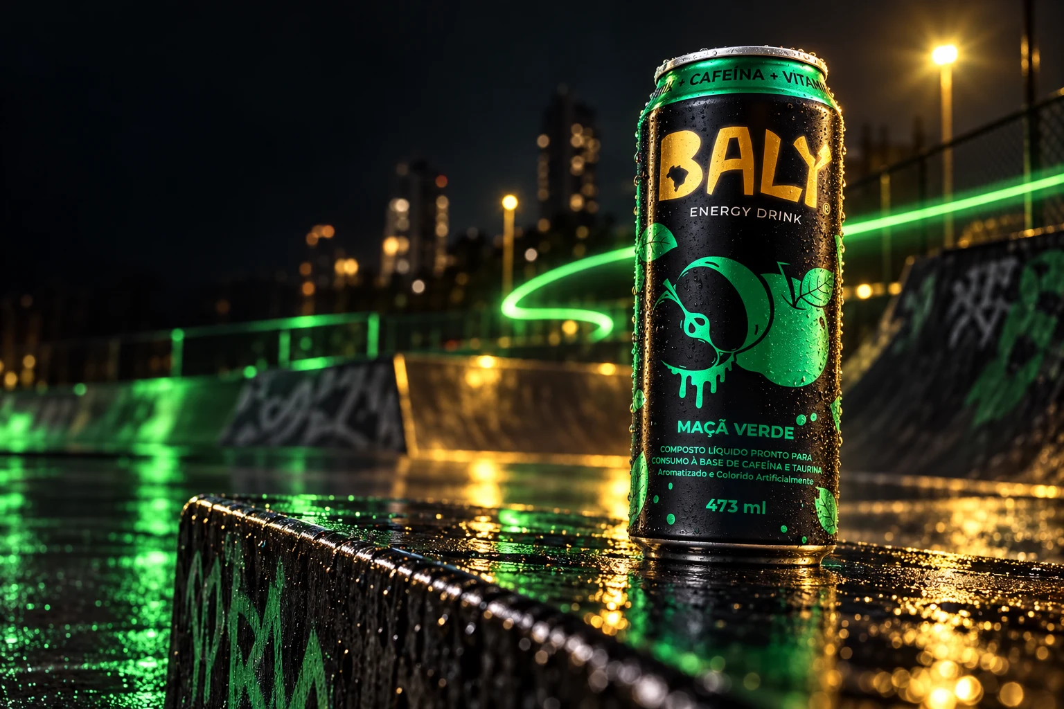 Baly Maçã Verde can at a wet skatepark at night