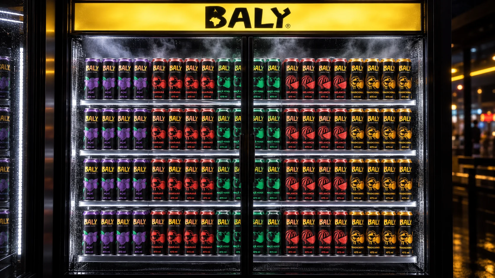 Baly flavor range displayed inside a retail refrigerator