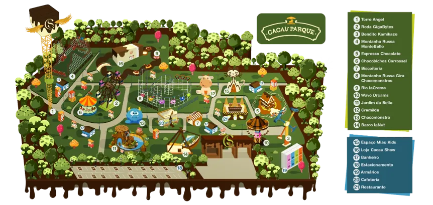 Illustrated map of the Cacau Parque attraction universe