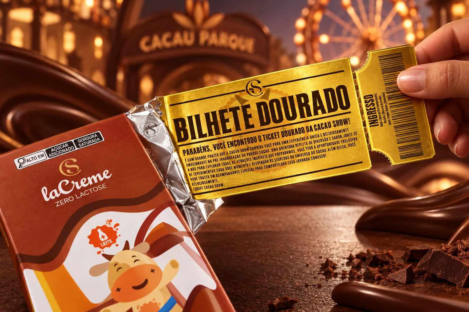 Golden Cacau Parque admission ticket being revealed from a LaCreme package