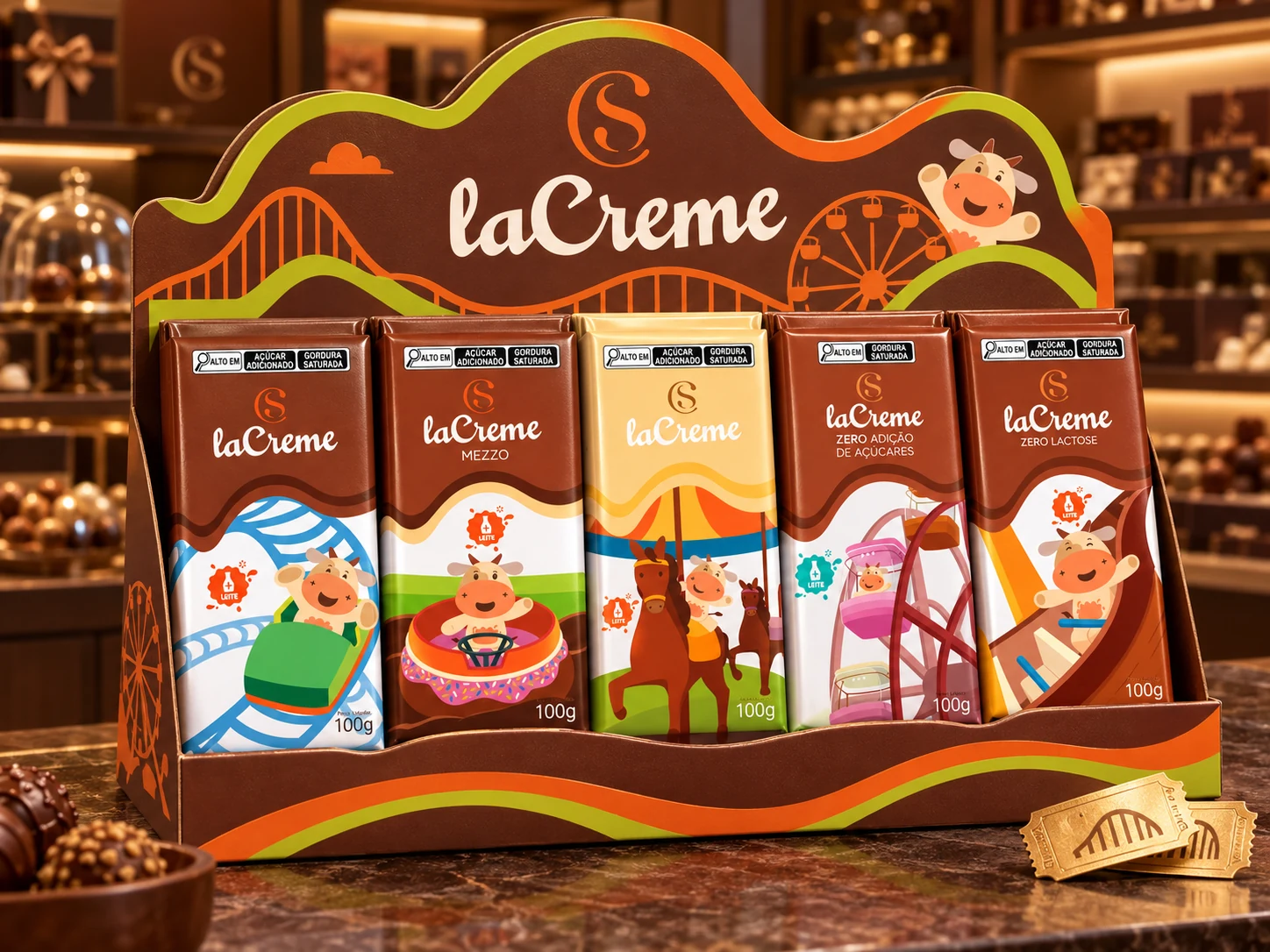 Five Cacau Parque chocolate packages inside a premium retail display