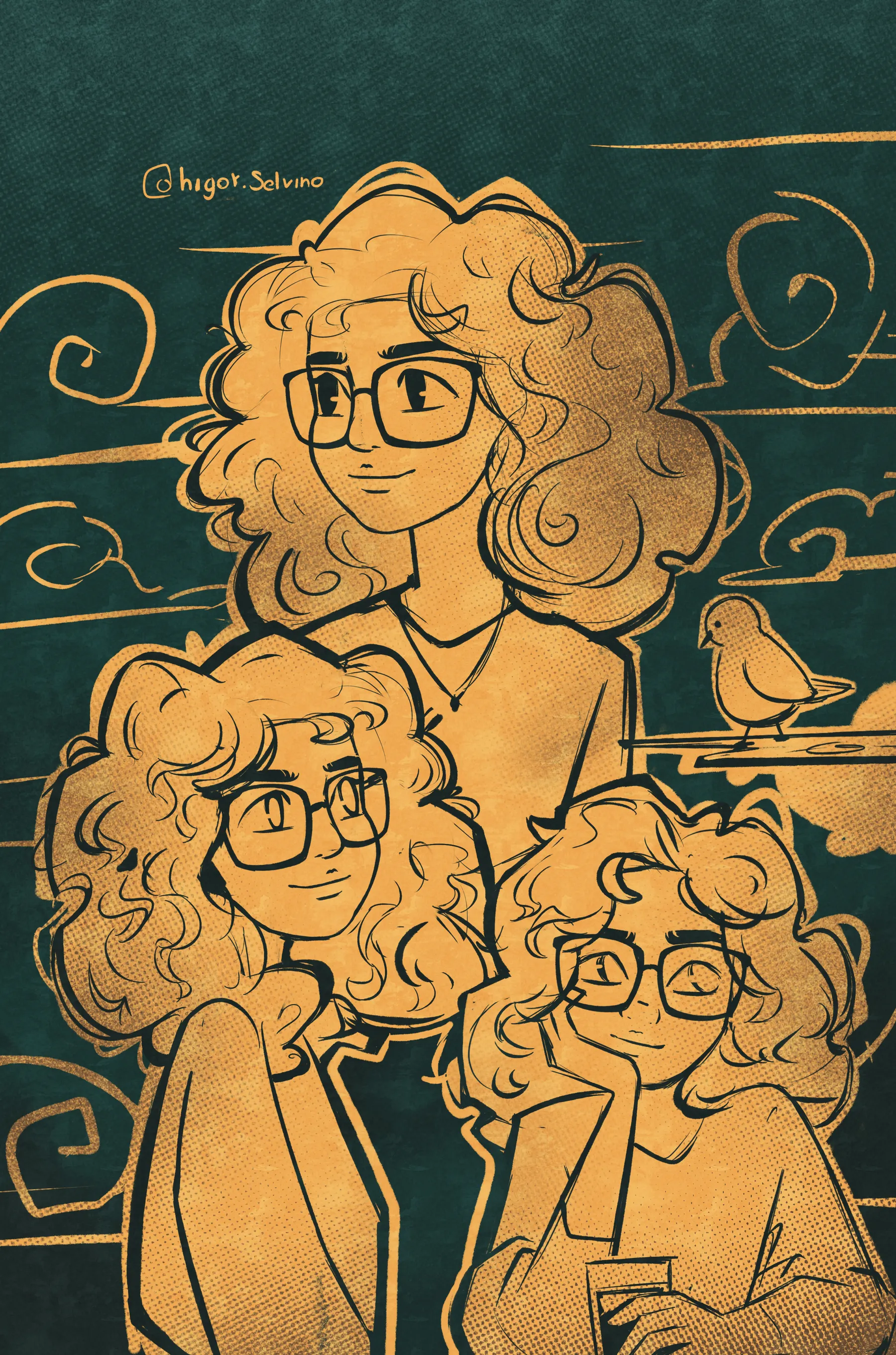Character illustration in ochre and deep green
