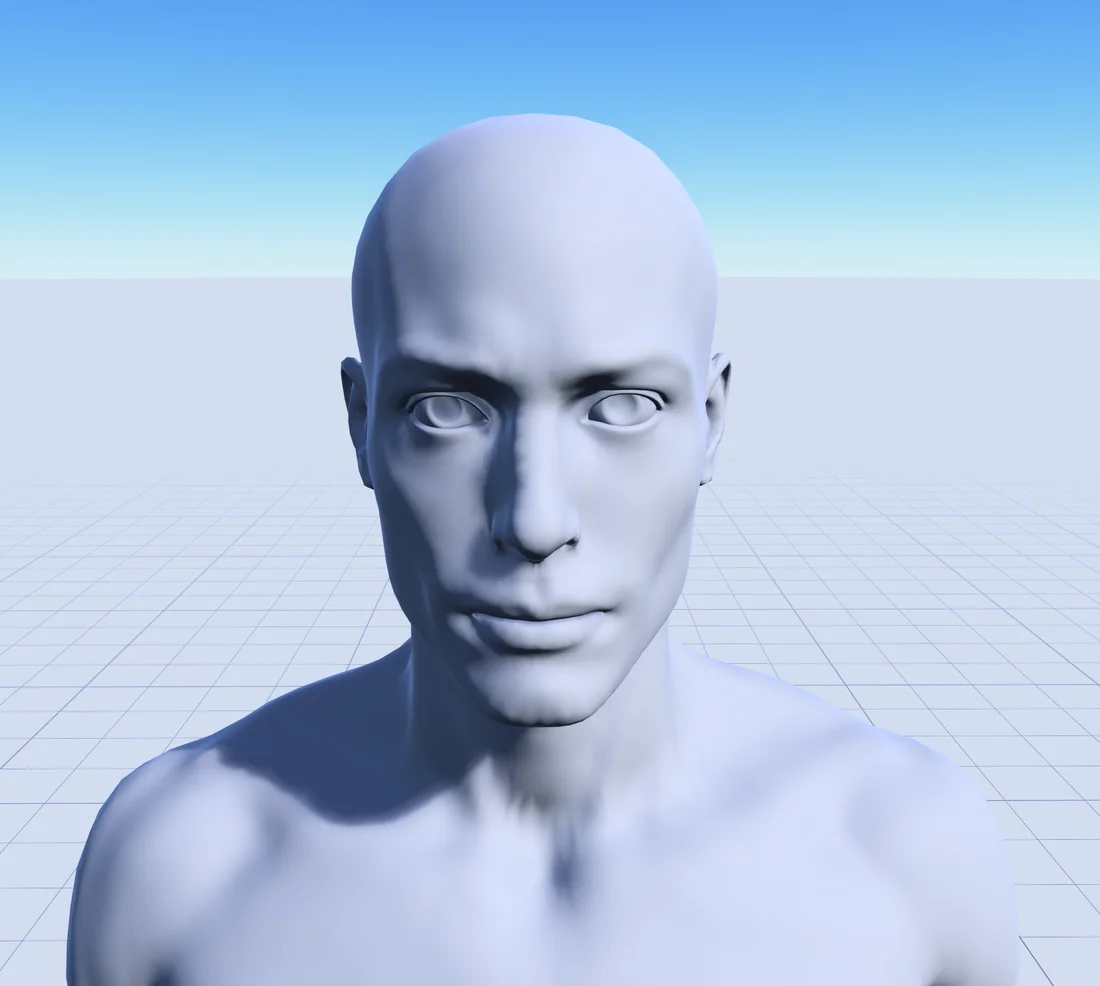 Close 3D camera test of a character's face