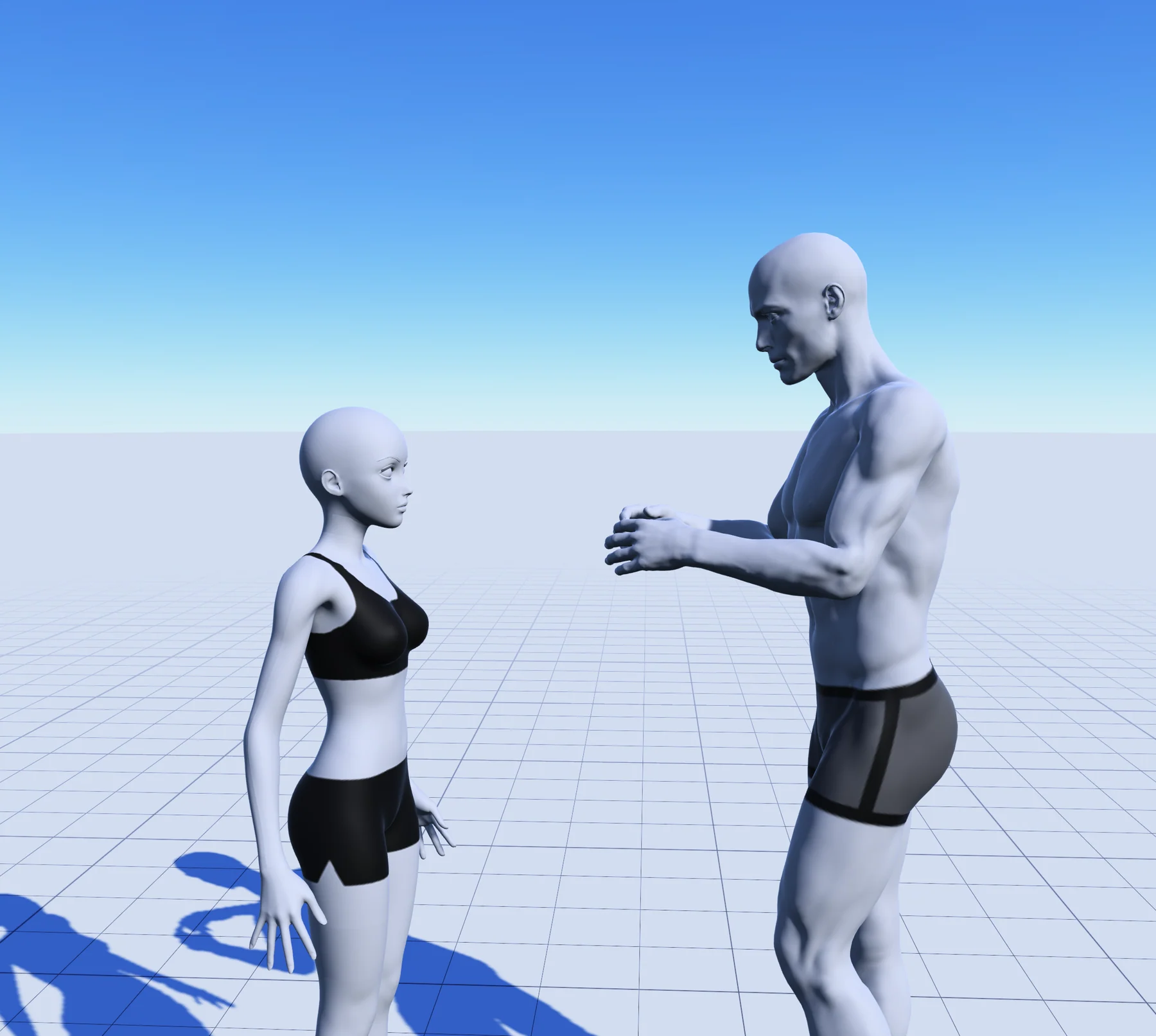 Wide 3D staging study with two characters facing each other