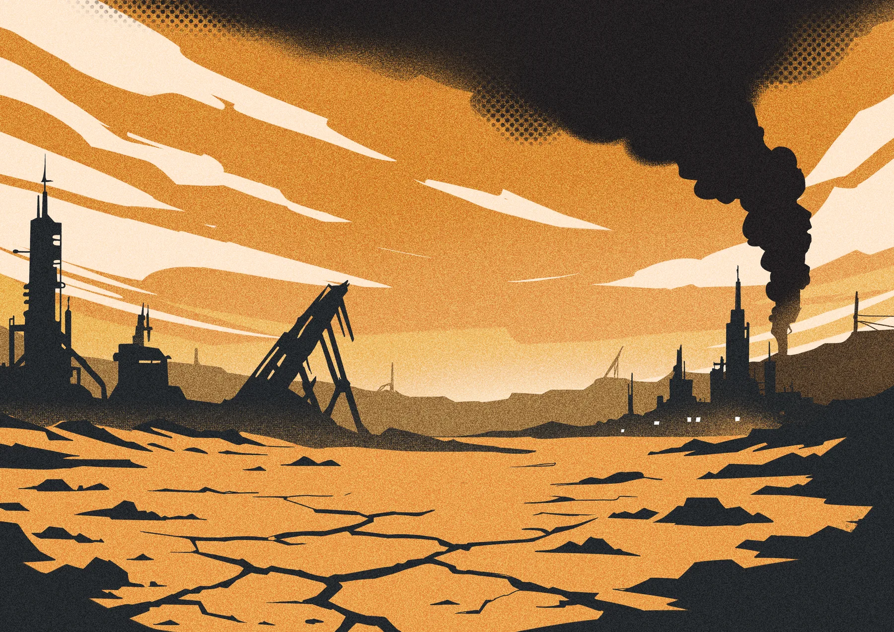 Orange retrofuturistic industrial landscape from Beyond the Sky