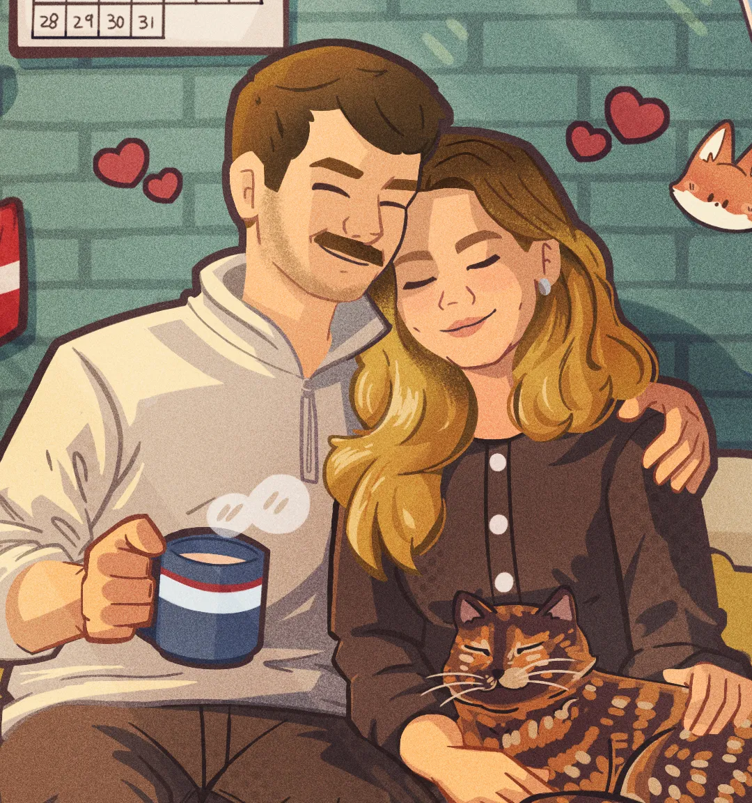 Illustrated couple sharing a quiet domestic moment