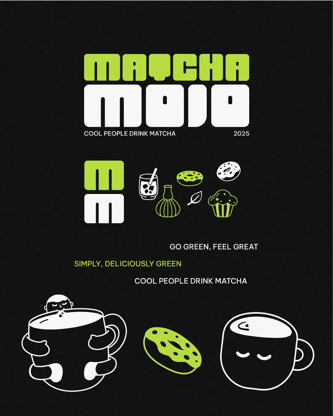 Matcha Mojo wordmark, monogram, slogans and illustration system