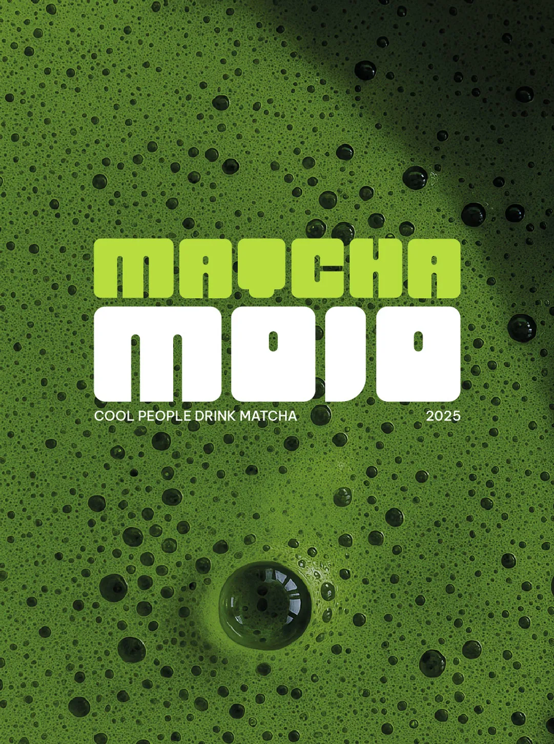 Matcha Mojo primary wordmark over a close-up matcha texture