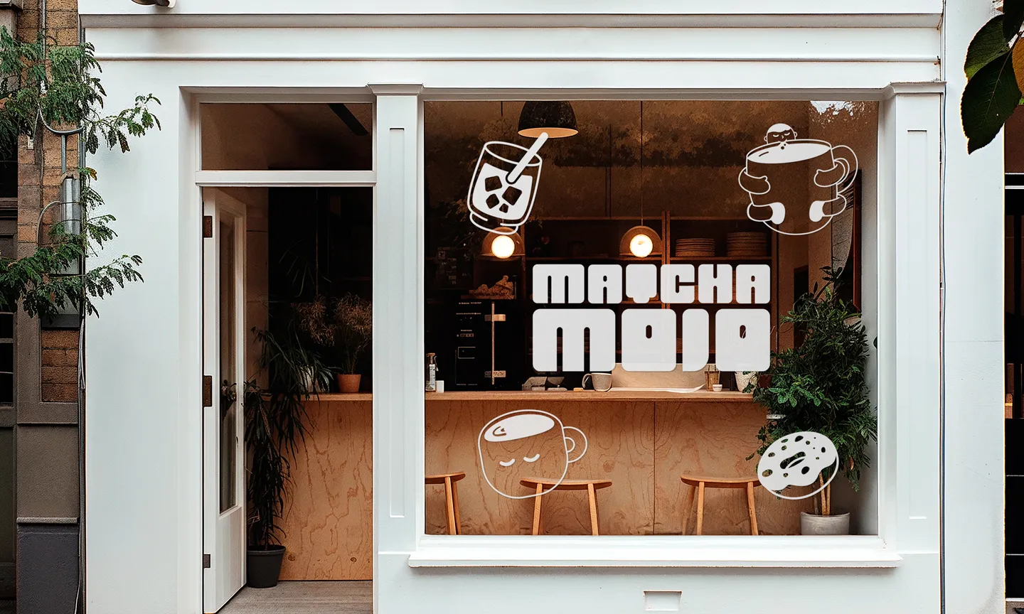 Matcha Mojo storefront with illustrated window graphics