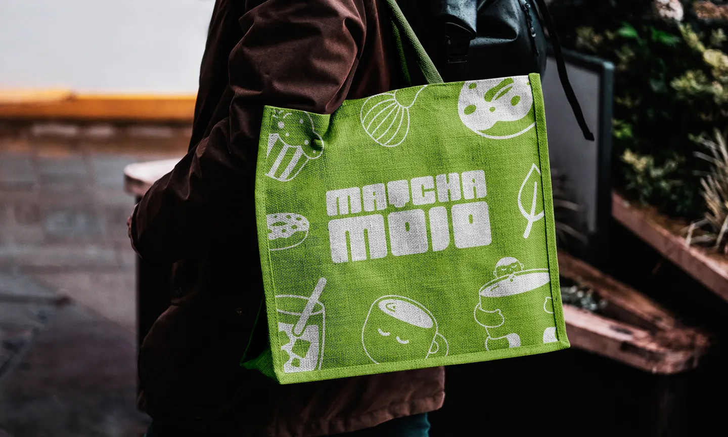 Matcha Mojo lime tote bag with illustrated pattern