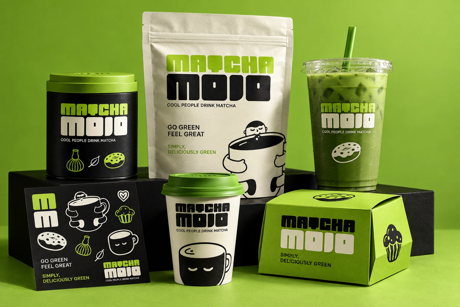Matcha Mojo retail packaging family with tins, pouches, cups and a pastry box