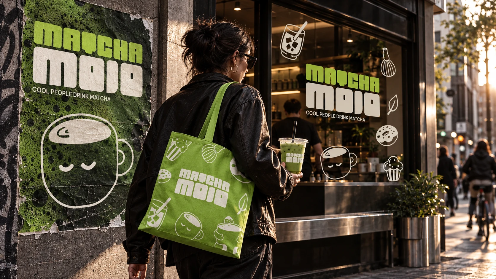 Matcha Mojo street campaign with poster, tote, iced drink and branded café window