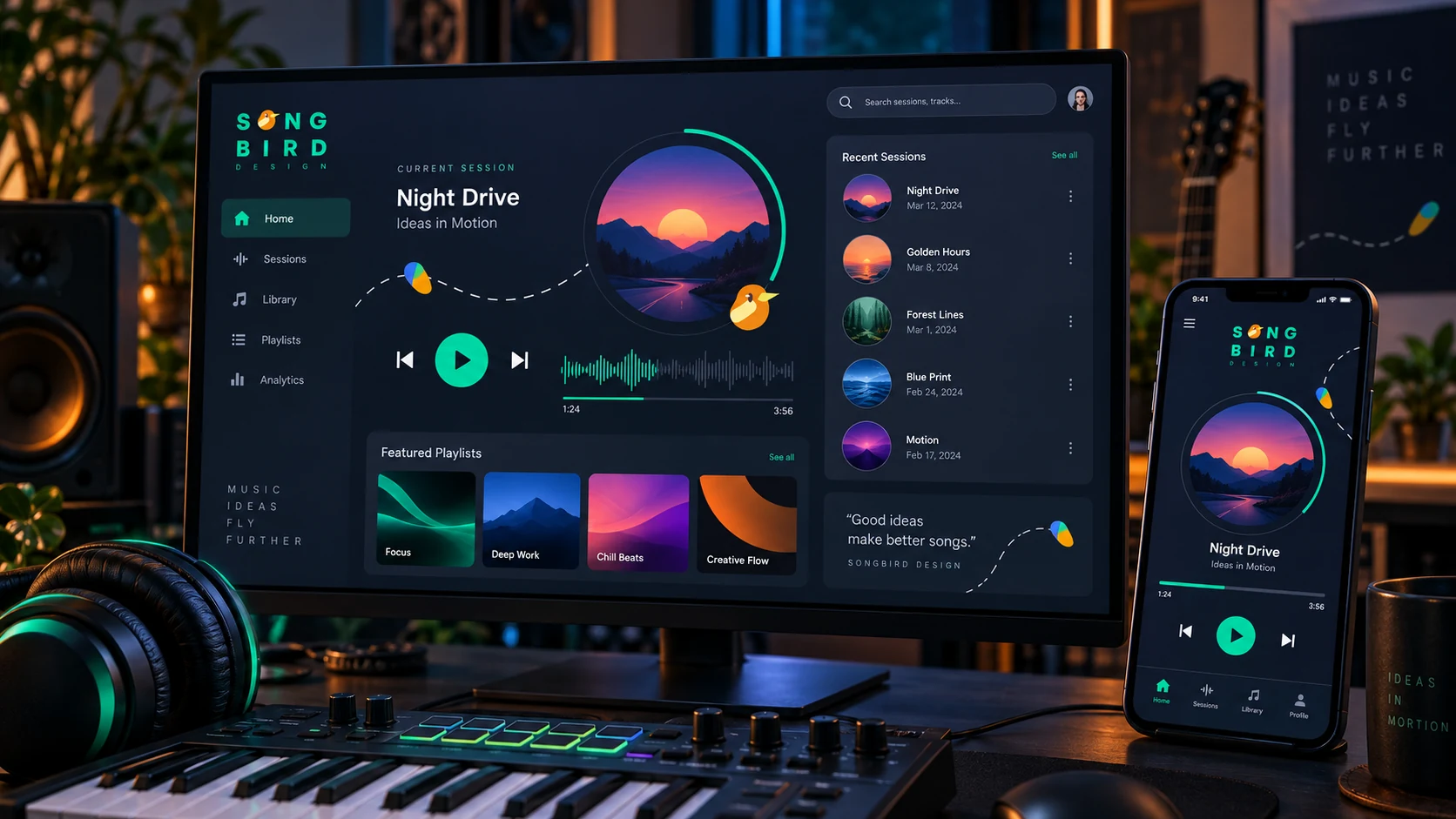 Songbird music-session interface on desktop and mobile devices