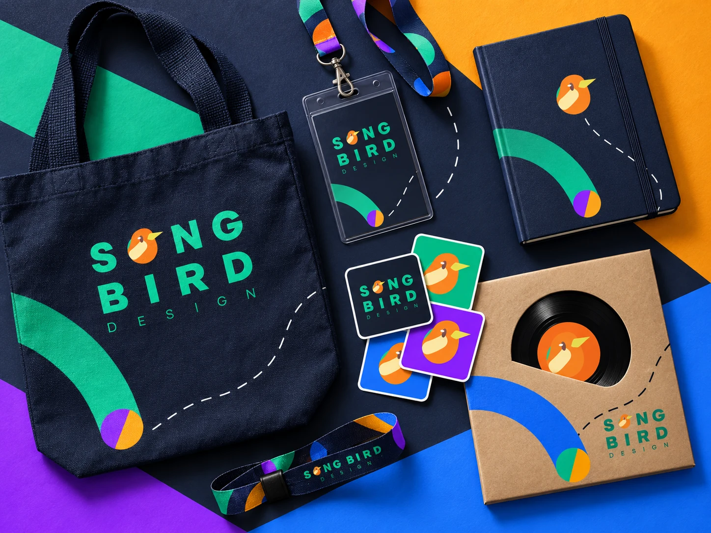 Songbird tote bag, credential, notebook, stickers and record mailer