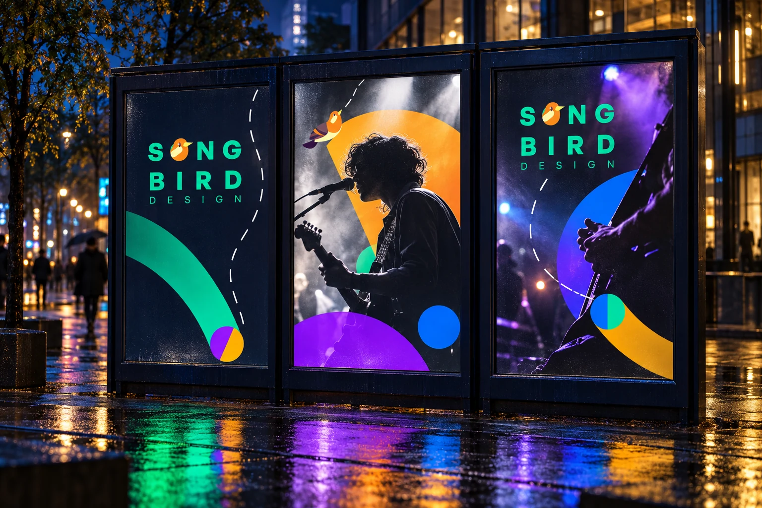 Three Songbird music campaign posters installed in a city at night
