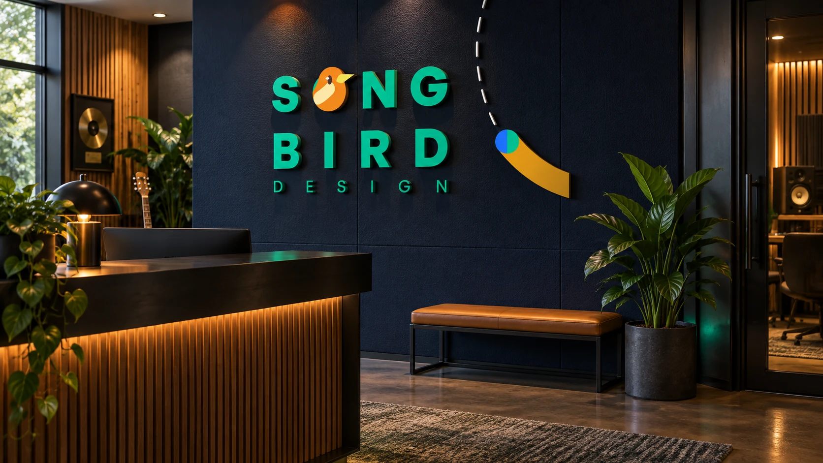 Songbird Design Studio dimensional signage in a music studio reception