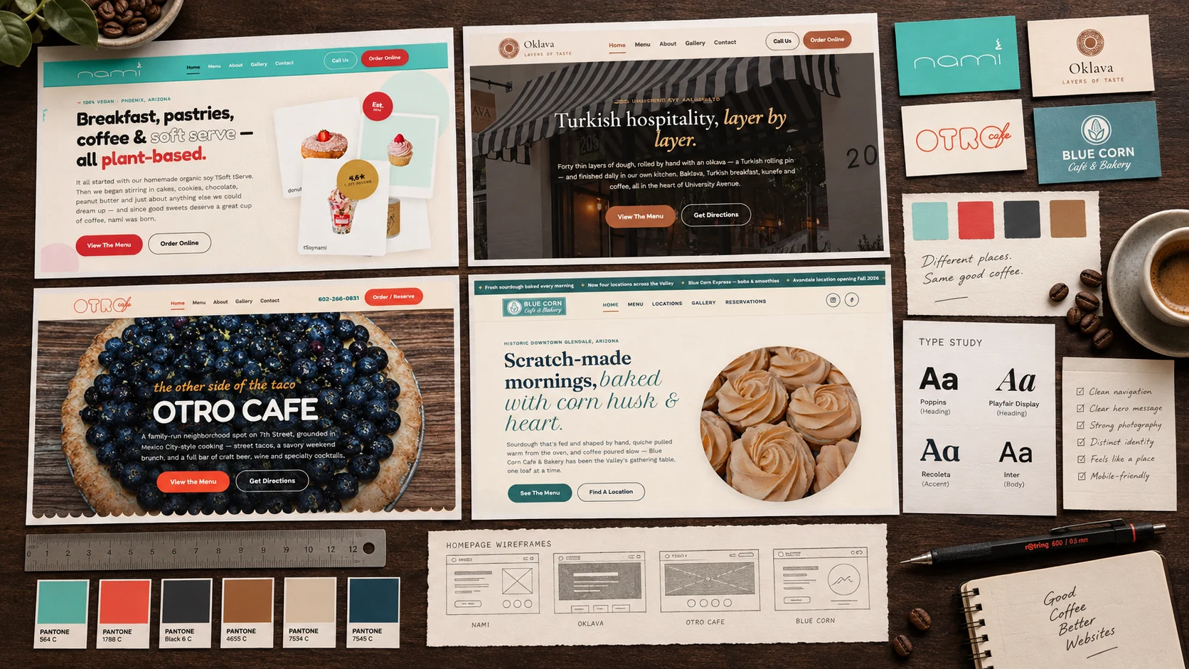 Design review table with coffee-shop homepages, logo cards, type studies and color swatches