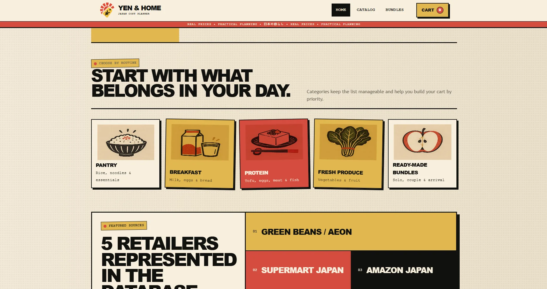 Yen and Home homepage showing shopping categories and represented retailers