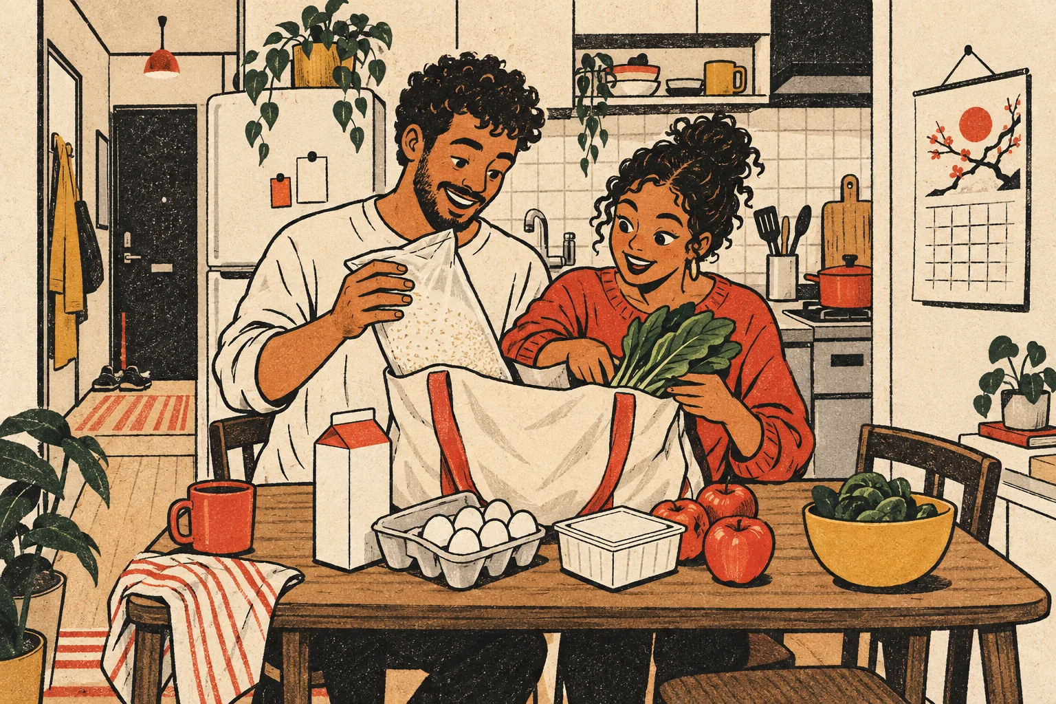 Printed-style illustration of a couple unpacking groceries in a Japanese home