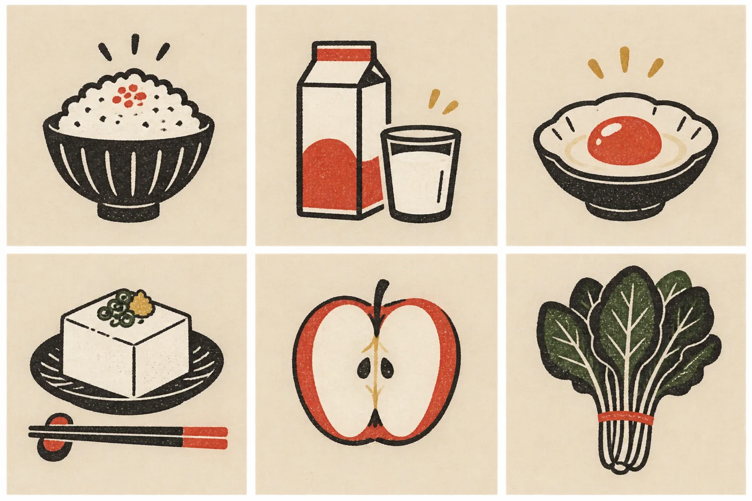 Illustrated food category icons for rice, breakfast, protein, tofu, fruit and vegetables