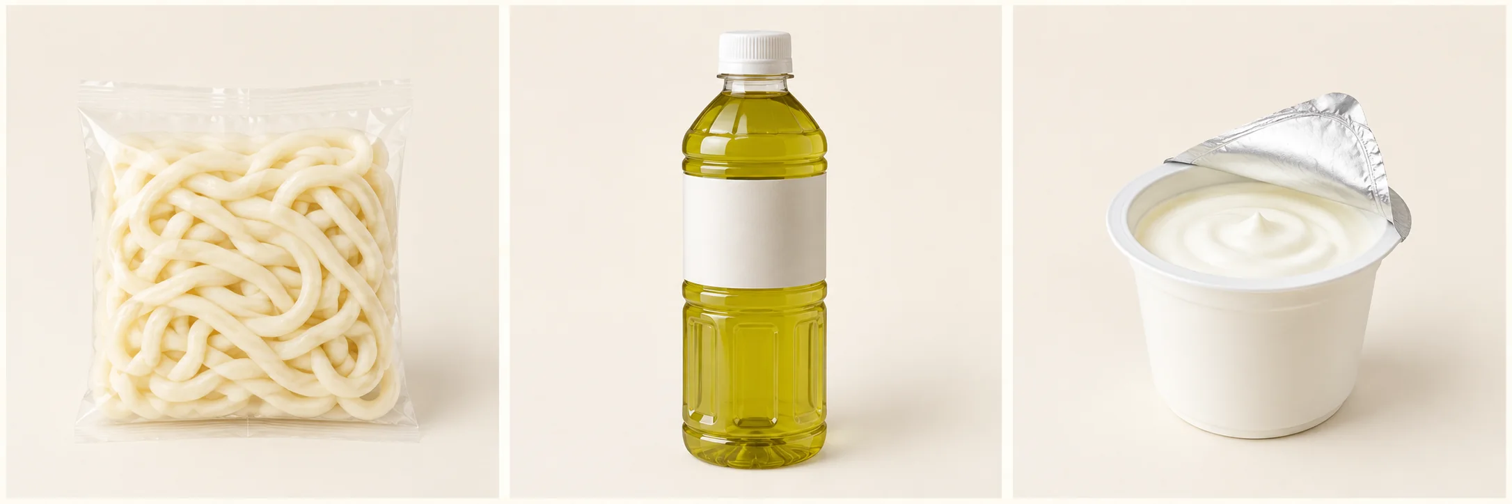 Product image system showing noodles, cooking oil and yogurt against a warm neutral background
