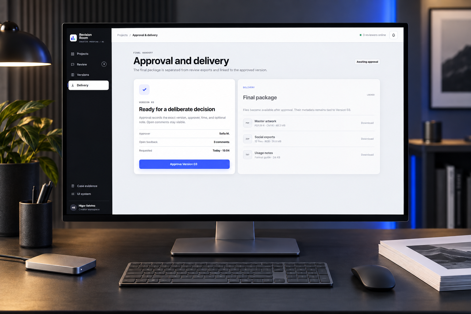 Revision Room approval and delivery screen in a studio handoff setup