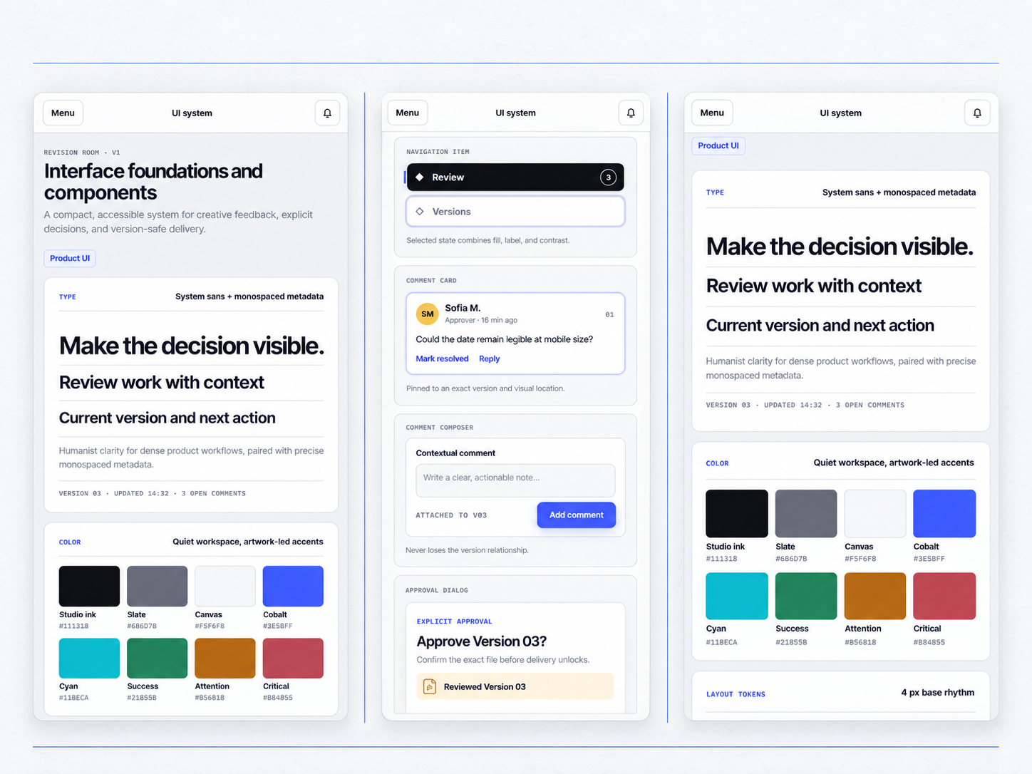 Editorial board presenting Revision Room typography, colors and interface components