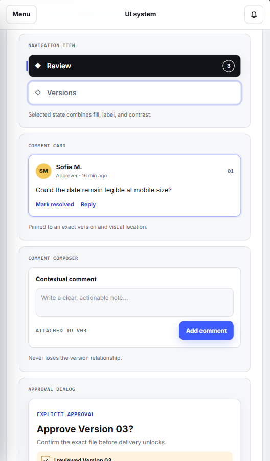 Revision Room navigation, comment and approval components