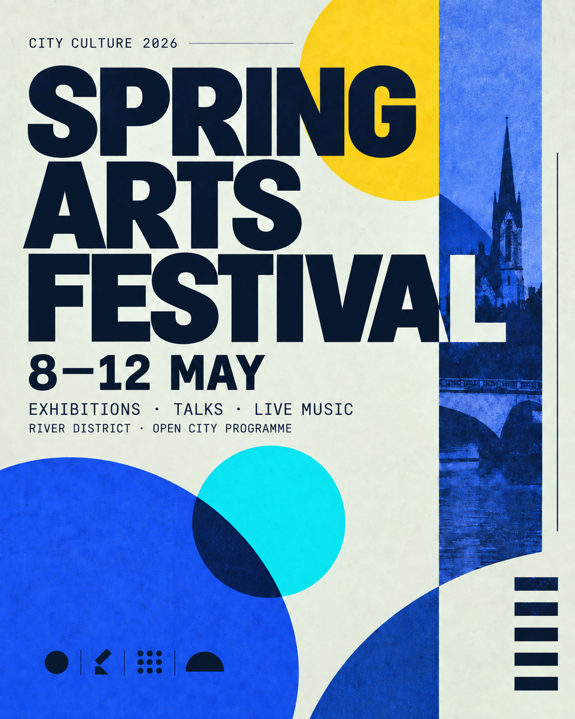Spring Arts Festival Version 03 poster with bold navy typography, geometric blue and cyan forms, and a blue architectural photograph